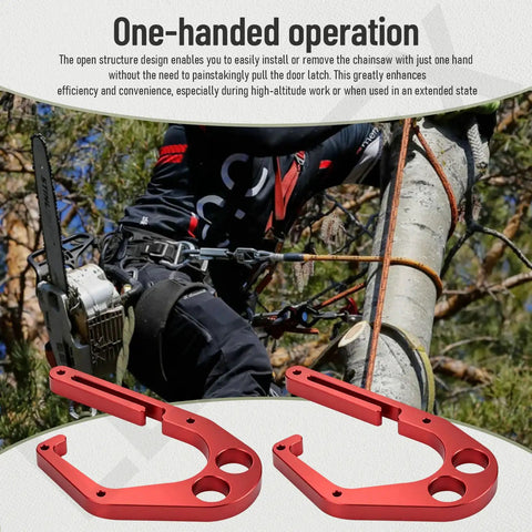 Red Aluminum Tree Climber Hook with One-Hand Operation, Compatible with Shem-biner XL Models shown during tree climb