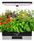 Indoor Hydroponic Herb Garden With 4000K Grow Lights Easy Control Panel Water Stick No Soil Mess Free Design Height Adjustable Grows Up To Six Plants Smart LED Indoor Garden For Fresh Herbs shows lush herbs including basil and cherry tomatoes.