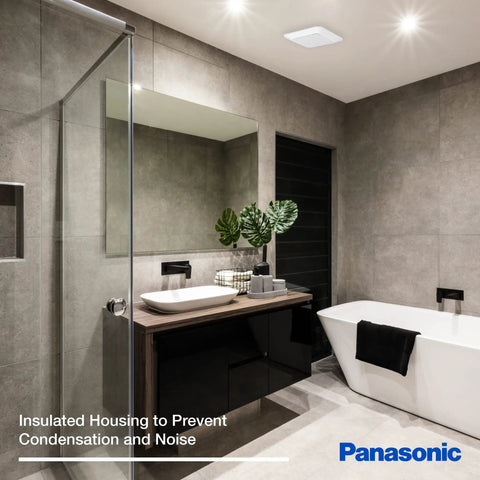 Modern bathroom showcasing WhisperLine Remote Mount Inline Vent Fan 120 CFM For Quiet Whole Home Air Quality Improvement.