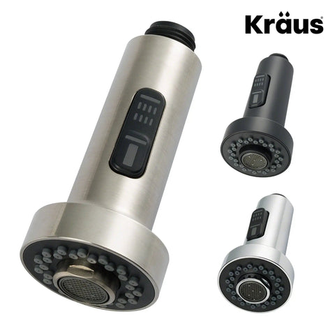 Stainless Steel Finish Dual Function Kitchen Faucet Sprayer Replacement Head For Most Faucets, shown in three colors.