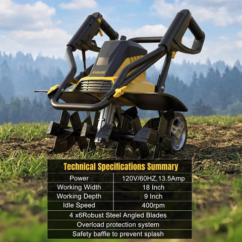 Powerful 13.5 Amp Electric Tiller Cultivator With 18 Inch Wide Tilling, 6 Steel Tines displayed on grassy field