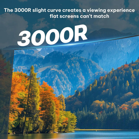 24 Inch Curved Gaming Monitor With 120Hz 1ms Response For Slick Gameplay And Crisp Home Office And Casual Gaming Setup, FHD 1080P, 3000 To 1 Contrast Ratio, FreeSync, Eye Care, HDMI And VGA, Wall Mount Ready showing 3000R curvature with mountain and forest landscape.