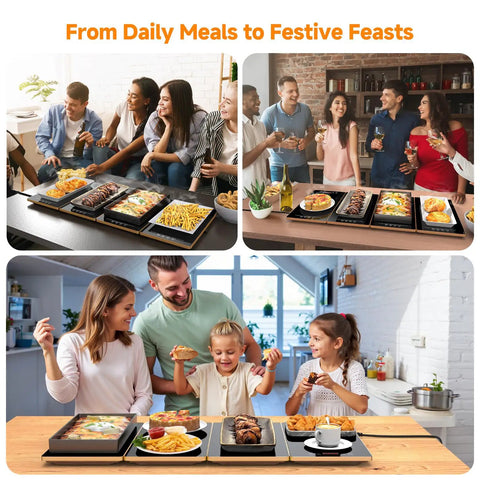 Gathering using Electric Warming Tray 4 In 1 Food Warmer For Parties And Buffets, showcasing its glass surface with various dishes.