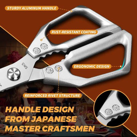 Heavy Duty Kitchen Scissors Workhorse For All Purpose Food Prep, Sturdy Cooking Shears For Meat And Poultry, Stainless Steel Blades, Full Metal Aluminum Handle, Durable And Easy To Clean, Versatile Kitchen Tool For Everyday Use, close-up aluminum handle with rivets