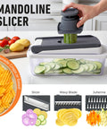 Using Real Original Pro 10 in 1 Vegetable Chopper and Mandoline Slicer with 8 Blades Food Prep Gadget for slicing cucumber in container