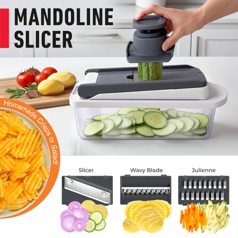 Using Real Original Pro 10 in 1 Vegetable Chopper and Mandoline Slicer with 8 Blades Food Prep Gadget for slicing cucumber in container
