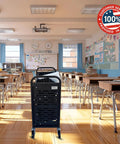Slick 32 Device Laptop Charging Cart With Built In Surge Protection in a classroom setting, mobile, holds tablets and laptops.