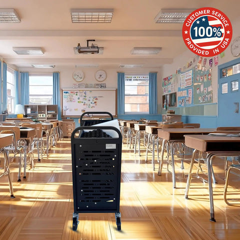 Slick 32 Device Laptop Charging Cart With Built In Surge Protection in a classroom setting, mobile, holds tablets and laptops.