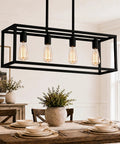 Black 4 Light Dope Industrial Vintage Chandelier With Open Rectangular Cage Frame In Matte Finish, Modern Farmhouse Style
