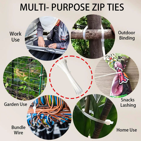 Heavy Duty White Zip Ties Set 4 6 8 12 Inch 400 Pack UV Resistant for work, garden, home, and outdoor binding