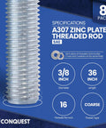 Zinc Plated Three Eighths Inch 16 TPI Coarse Threaded Rods 36 Inch Long 8 Pack With Hex Nuts And Flat Washers details