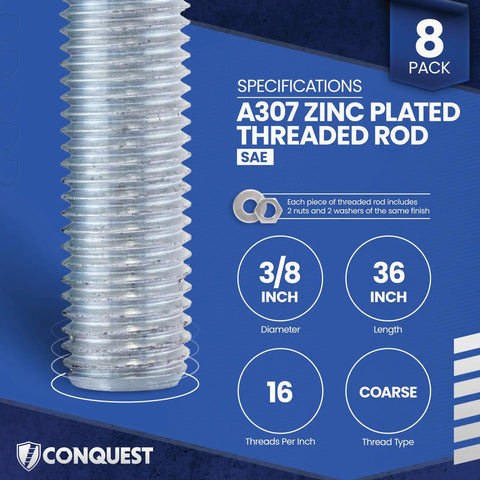 Zinc Plated Three Eighths Inch 16 TPI Coarse Threaded Rods 36 Inch Long 8 Pack With Hex Nuts And Flat Washers details