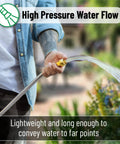 Man using Stainless Steel Garden Hose With 4 Function Brass Nozzle 25 Ft No Kink Metal Hose For Heavy Duty Watering And Cleanup.