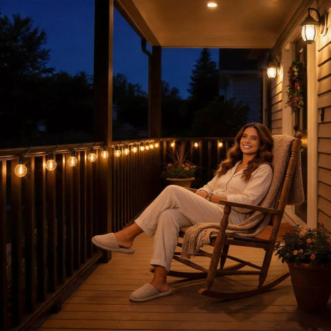 Evening view of 50ft G40 Outdoor String Lights With 26 LED Bulbs, Waterproof Shatterproof Dimmable Connectable Globe Cafe Bistro Lights on balcony