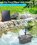 Pond with 25W Solar Pond Pump With Built In Filter, Adjustable Water Flow, PVC Tubing near waterfall