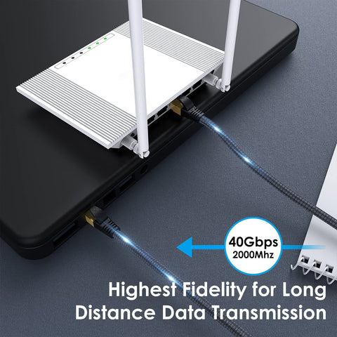 Cat 8 Ethernet Cable 6 Ft High Speed Gaming And Gigabit Ethernet Beefy Heavy Duty 26AWG 40Gbps 2000MHz Shielded FTP For Xbox PS5 Router Beefy Durable Build For Stable Connections And Smooth Streaming connected to router