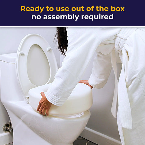 Person installing 4-Inch Portable Toilet Seat Riser for Seniors with no-tool install, non-skid seat on round toilet for post-surgery recovery.