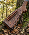 Vintage Leather No Drill Cheek Rest for Rifles and Shotguns with cartridge slot on rifle in forest setting