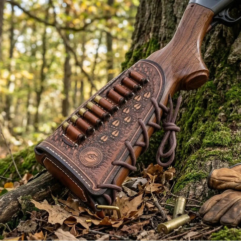 Vintage Leather No Drill Cheek Rest for Rifles and Shotguns with cartridge slot on rifle in forest setting