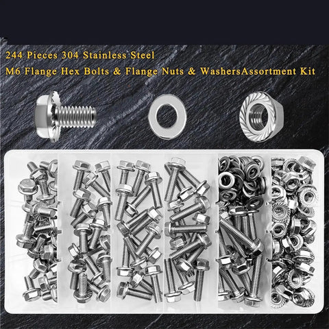 224 Piece M6 Stainless Steel Hexagon Flange Bolt Nut Washer Set Metric Fasteners Assortment Kit For Auto DIY And Heavy Duty Repairs With Precision Threads, 304 stainless steel set in organizer trays