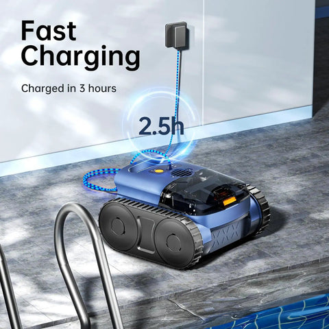 Cordless Robotic Pool Vacuum With Track Drive And Sonar Navigation 180W Brushless Motor parked by pool charging