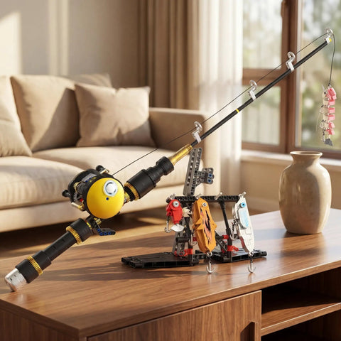Fishing Rod Building Block Set 589 Plus Pieces Compatible With LEGO displayed on a wooden table with couch in background