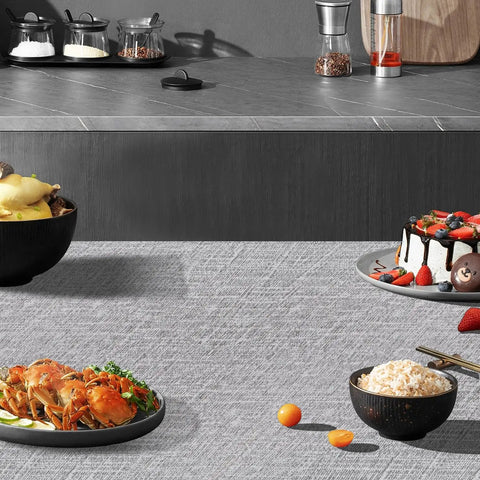 Textured Fabric Wallpaper Gray Faux Grasscloth Peel And Stick Waterproof Self Adhesive Roll covering tabletop with food dishes