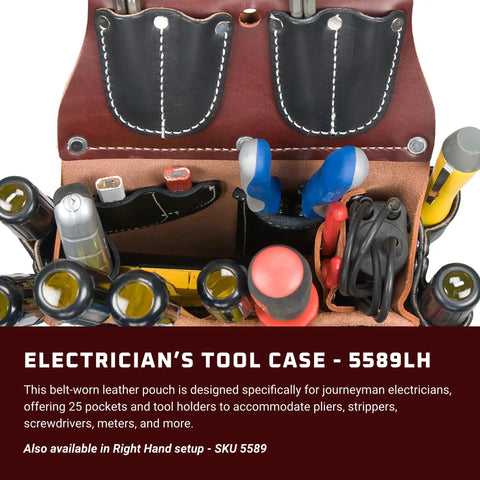 Top view of Left Hand Electrician Tool Case With 25 Pockets And Tool Holders, filled with tools, made in USA, leather pouch