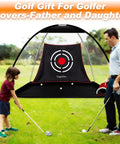 Father and daughter using Portable Golf Hitting Net 10x7ft With Durable Fiberglass Frame And Silent Target in backyard