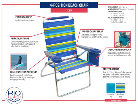 Extra Tall 17 Inch High Folding Beach Chair With Four Position Recline For Beach Camping And Lawn Built On A Rustproof Aluminum Frame With Safe Adjust Technology For Easy Chill Comfort in blue with foam headrest and insulated pouch.