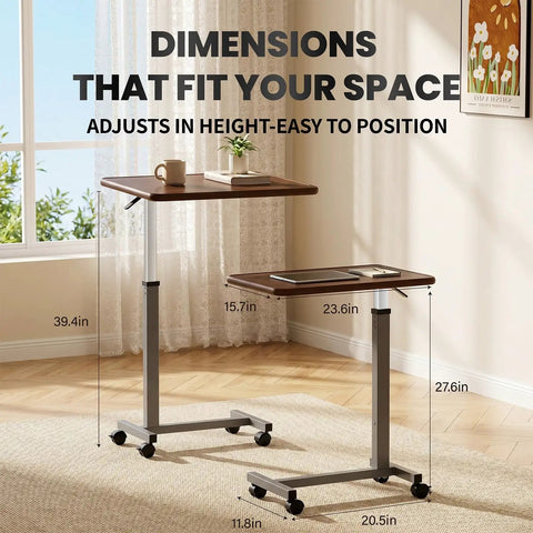 Heavy Duty Pneumatic Overbed Bedside Table With No Sweat Height Adjustment For Home Recovery Or Healthcare Use Non Tilt Surface Durable Walnut Cart with adjustable dimensions.