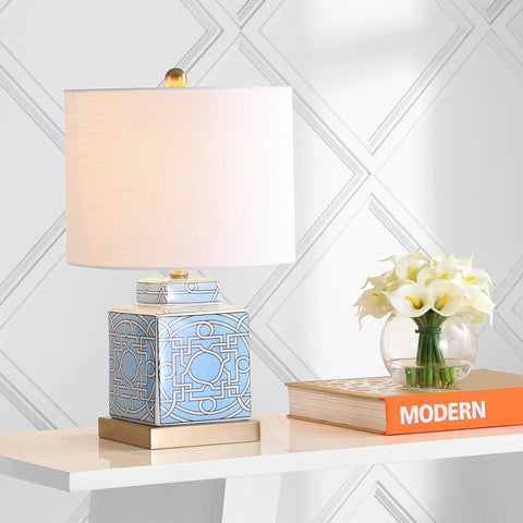 Blue White Ceramic Ginger Jar Table Lamp With Square Lattice Chinoiserie Design, White Linen Shade, LED Included, on table