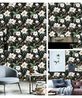 Vintage Floral Peel And Stick Wallpaper Black White And Green Removable Repositionable Textured Matte Finish in cozy room decor