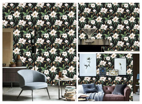 Vintage Floral Peel And Stick Wallpaper Black White And Green Removable Repositionable Textured Matte Finish in cozy room decor