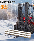 Premium Heavy Duty 45 Inch Tractor Pallet Forks Paired With Robust 50 Inch Forklift Blades delivering logs in snowy conditions.