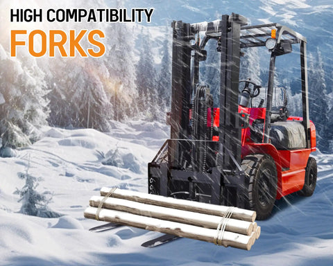 Premium Heavy Duty 45 Inch Tractor Pallet Forks Paired With Robust 50 Inch Forklift Blades delivering logs in snowy conditions.