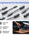 Heavy Duty USB C To DC Power Adapter Featuring 100W PD Fast Charge Waterproof Connector on a surface, showing multiple cable connections.