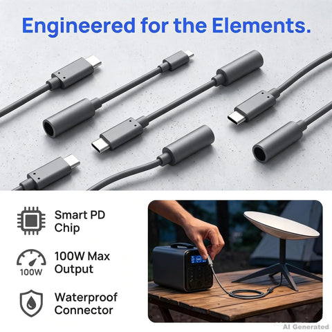 Heavy Duty USB C To DC Power Adapter Featuring 100W PD Fast Charge Waterproof Connector on a surface, showing multiple cable connections.