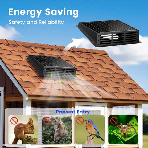 Solar Powered 25W Exhaust Fan For Chicken Coop And Greenhouse 430CFM Cooling IP67 Waterproof Solar Panel on roof, pest prevention icons