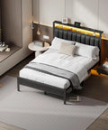 Queen Size Bed Frame With Smart RGB LED Lights And Remote App Control Featuring Over 60000 Custom Colors Quick Charge Hub in stylish bedroom setting.