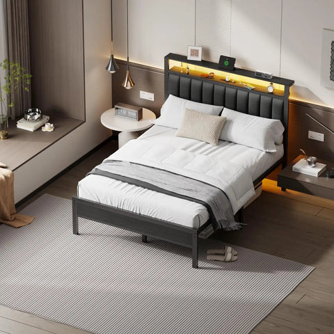 Queen Size Bed Frame With Smart RGB LED Lights And Remote App Control Featuring Over 60000 Custom Colors Quick Charge Hub in stylish bedroom setting.