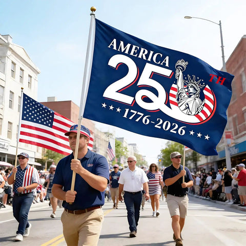 Parade with 250th Anniversary American Flag 3x5 Ft For Independence Day Outdoor Decor in blue with Statue of Liberty design