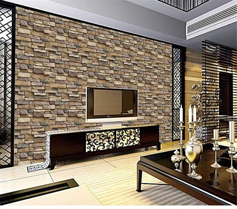 Living room with Peel And Stick Stone Brick Wallpaper Roll 32.8 Ft Self Adhesive Backsplash And Wall Covering With Grid Lines, Easy Cut