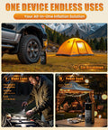 Cordless Tire Inflator Portable Air Compressor 150 PSI Rechargeable with digital gauge beside car and tent outdoors