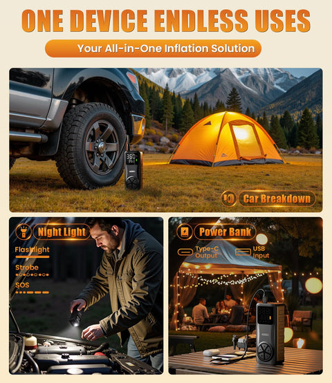 Cordless Tire Inflator Portable Air Compressor 150 PSI Rechargeable with digital gauge beside car and tent outdoors
