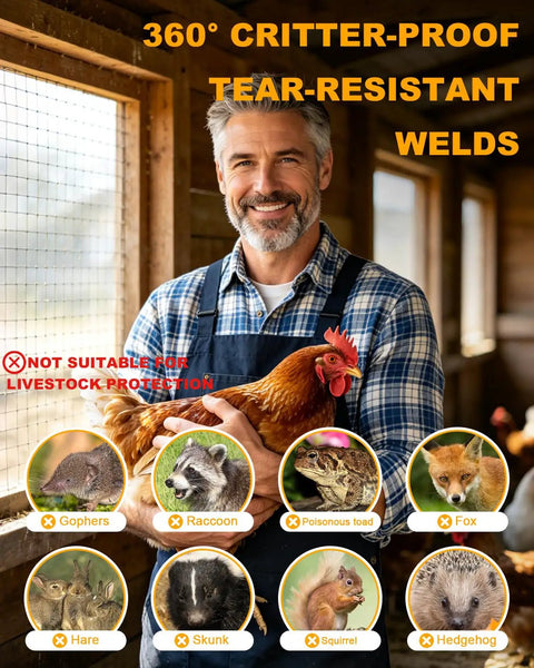 Man holding a chicken in a coop with critter-proof tear-resistant welds text. Animals: gopher, raccoon, toad, fox, hare, skunk, squirrel, hedgehog.