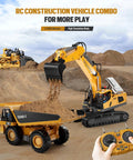 11 Channel RC Excavator Toy For Kids 3-12, Metal Construction Truck With Lights next to remote control on sandy terrain