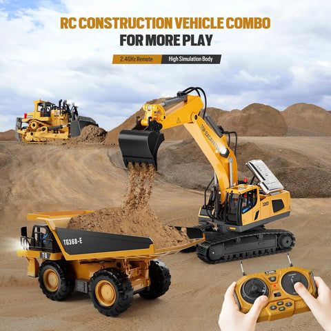 11 Channel RC Excavator Toy For Kids 3-12, Metal Construction Truck With Lights next to remote control on sandy terrain