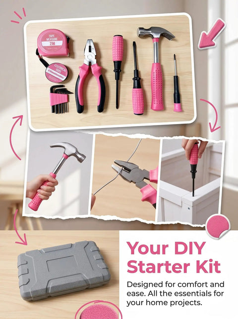 Pink Tool Set For Women, 13 Piece Hand Tool Kit With Hammer, Pliers, Screwdrivers And Storage Case, Ergonomic Handles