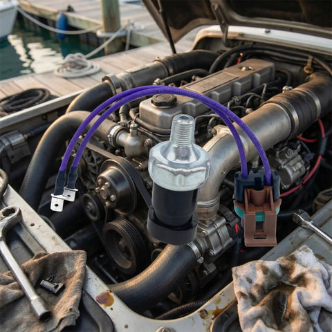 No Sweat Oil Pressure Sensor Switch Replacement Kit For Mercury Mercruiser Outboard Boats With Connector Pigtail Spade Terminals Hassle Free Drop In Marine Gear Fix showing kit on engine.
